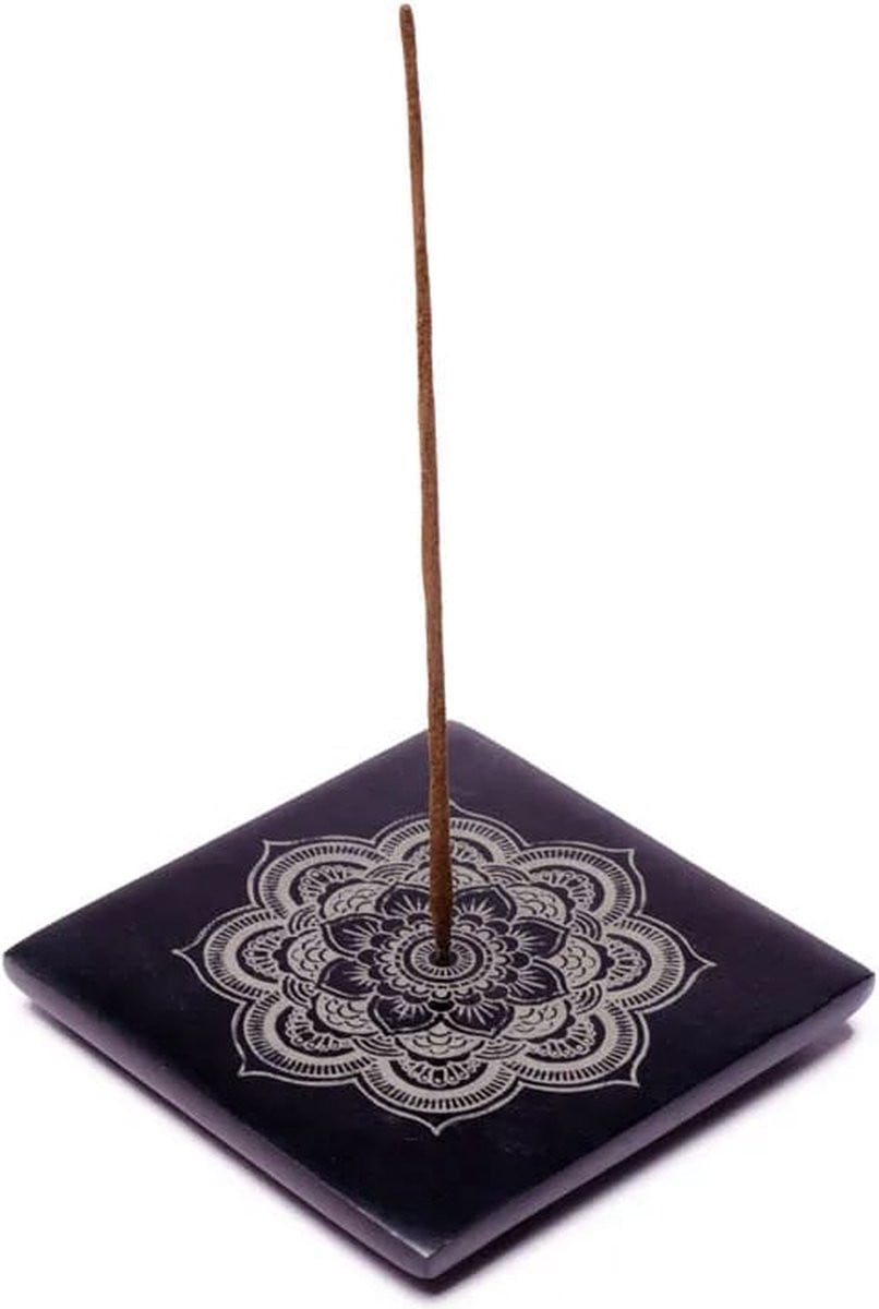 Wierookbrander zeepsteen met mandala - Zwart