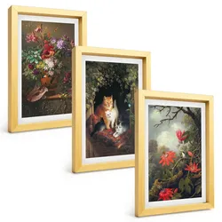 BILDER SET 3er Set - 20x30 cm Goldrahmen - Vintage-Blumen, Katzen, Natur