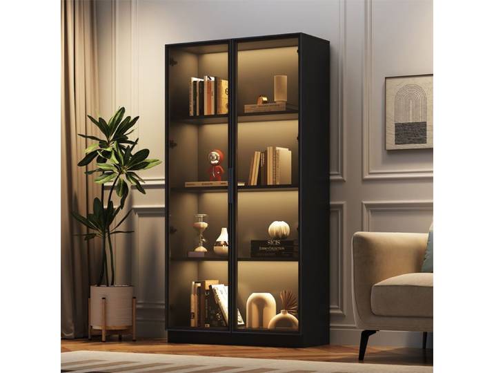 DRIPEX Vitrine avec éclairage LED APP Vitrine double portes avec 4 étagères de rangement 80×40×160cm Noir