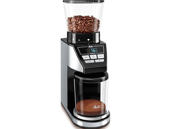 Melitta Calibra Kaffeemühle - Elektrische Kaffeemühle mit Kegelstahlmahlwerk für bis zu 375g Kaffeebohnen und integrierter digitaler Waage, 39 individuellen Mahlstufen, schwarz/Edelstahl