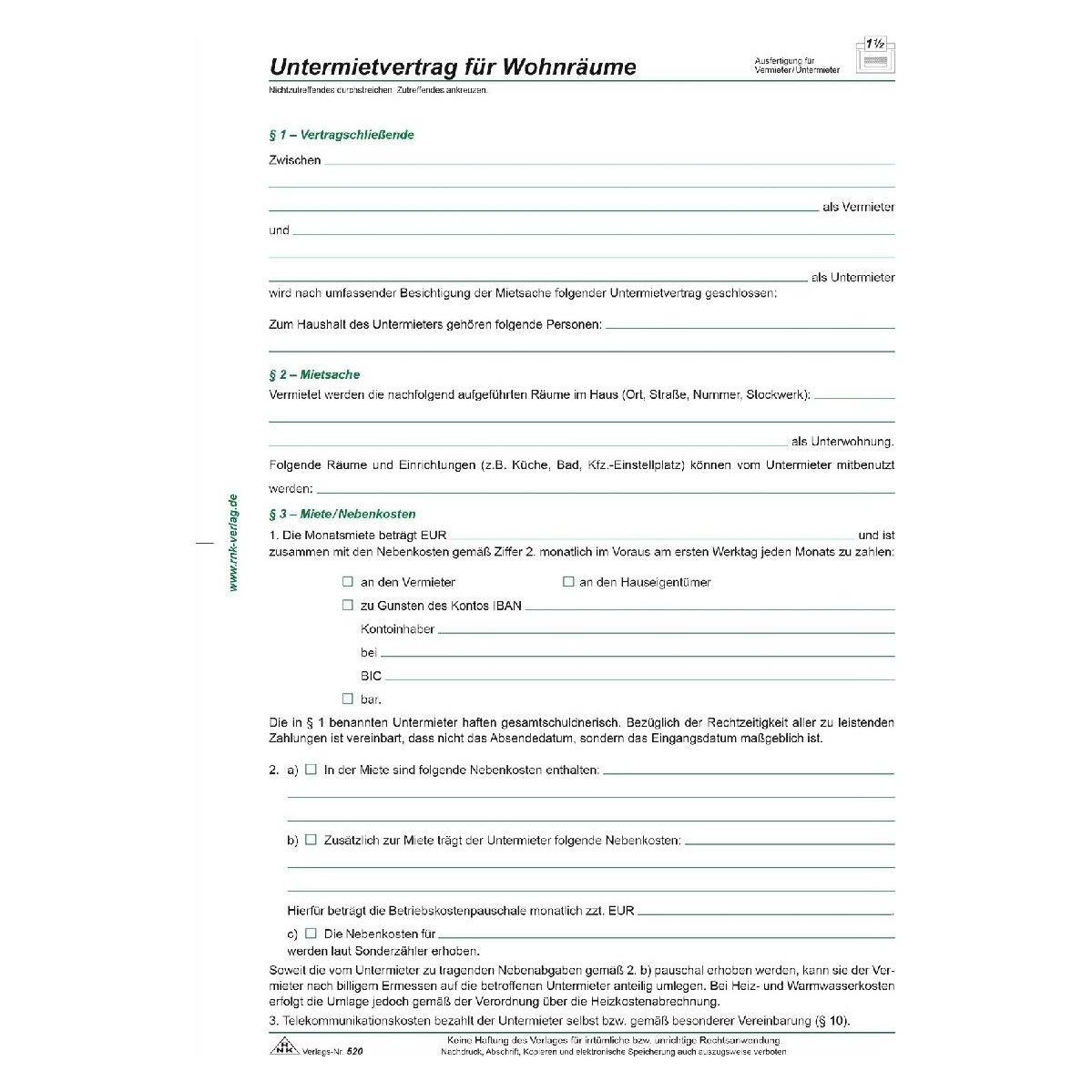 Rnk Verlag Vordruck "Untermietvertrag fr Wohnr"ume", DIN A4 (520/10)