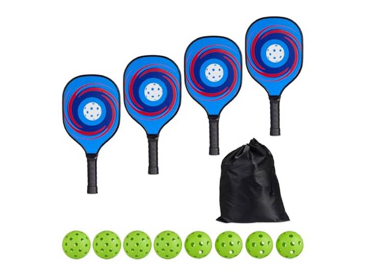 Relaxdays Pickleball Set, 4 Schläger & 8 Bälle, Ballspiel USA, Anfänger & Profis, Paddles mit Beutel, Holz, Mehrfarbig