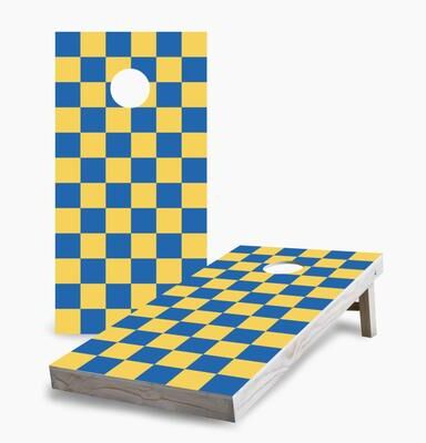 Skip's Garage Royal and Yellow Checkered Cornhole Boards