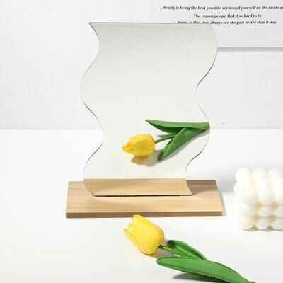 Inspired Deals Modern Acrylic Photo Prop Mirror With Wooden Base For Product Photography & Home Decor water Wave