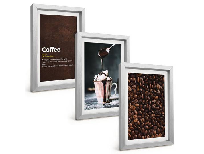 Tulup Bilder SET 3er Set - 20x30 cm Silberner Rahmen - Kaffeegetränk mit Schlagsahne, Silberfarben, Kunststoff, Rechteckig, 20x30 cm, gerahmt, Bilder & Rahmen, Bilder