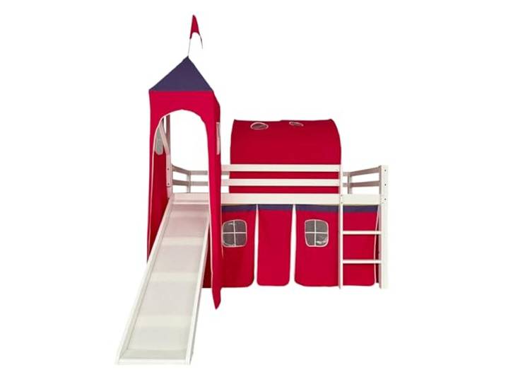 Gotagee Kinderbett Hochbett mit Rutsche und Zelt 90×190 cm (ohne Matratze), weißes Kiefernholz, Spielbett mit Leiter und Baumwollzelt im Schlossdesign