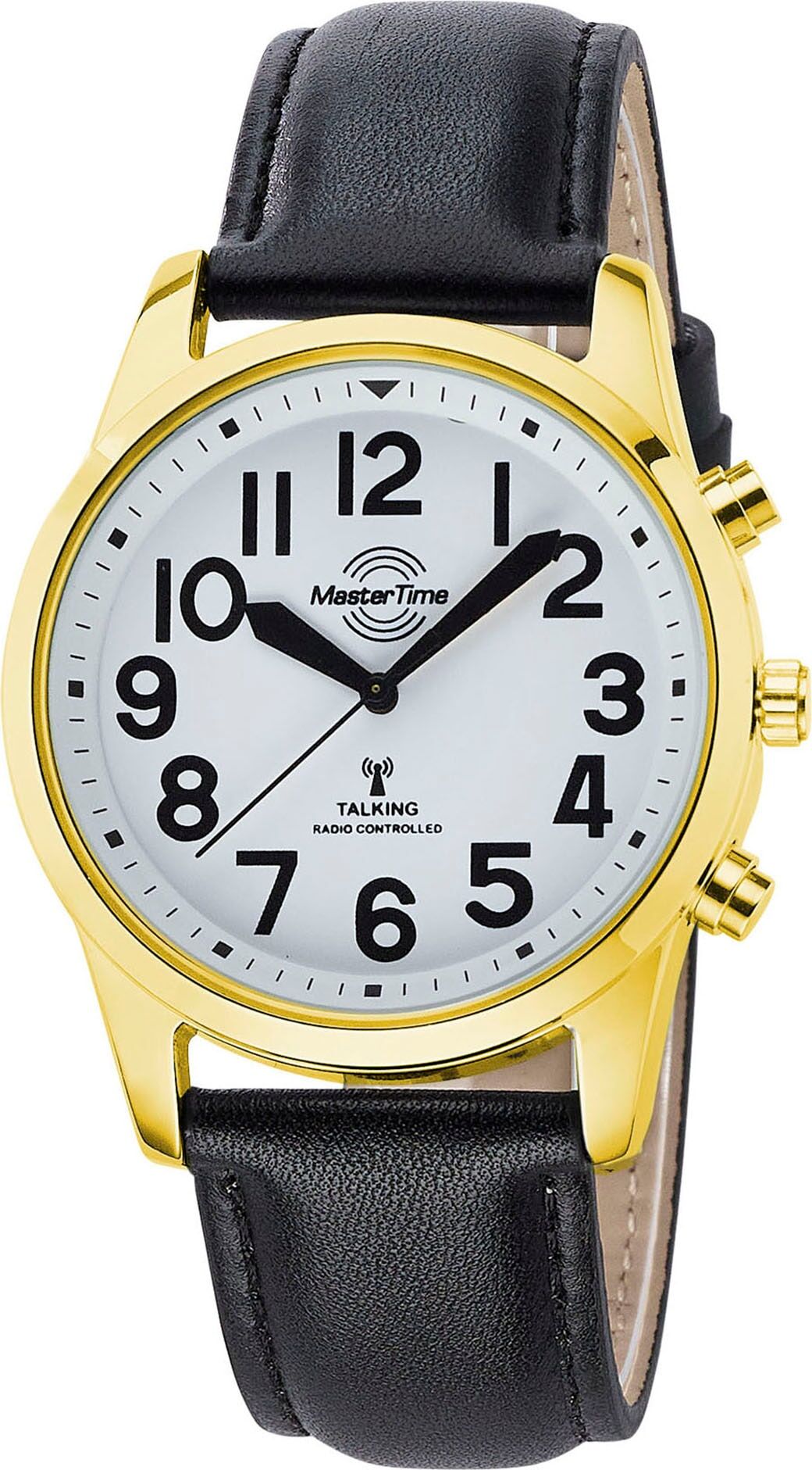 Funkuhr MASTER TIME "Sprechende Funkuhr", gold (schwarz, goldfarben, weiß), Armbanduhren, Herren, goldfarben, Funkuhr, Quarzuhr, Armbanduhr, Herrenuhr, Lederarmband, analog