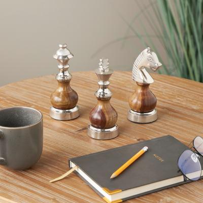 ARCILLA ELEMENTAL Silver or Dak Gray Aluminum Metal Chess Sculpture with Round Wood Centers (Set of 3)