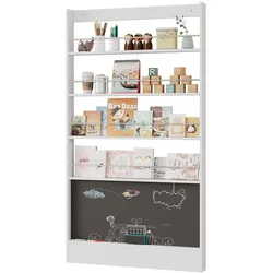 OKWISH Bücherregal aus MDF und Metall, Weiß, 100 x 10 x 180 cm, ultraflach mit 4 Fächern und Schultafel