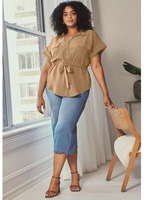 Plus Size Women's Utility Belted Blouse by Avenue in Soft Camel (Size 34/36)