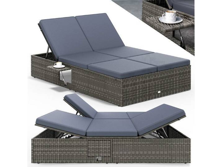 Chaise longue double CASARIA – Bain de soleil 2 places – Extrémités réglables – Polyrotin – Gris/Anthracite – Jardin terrasse