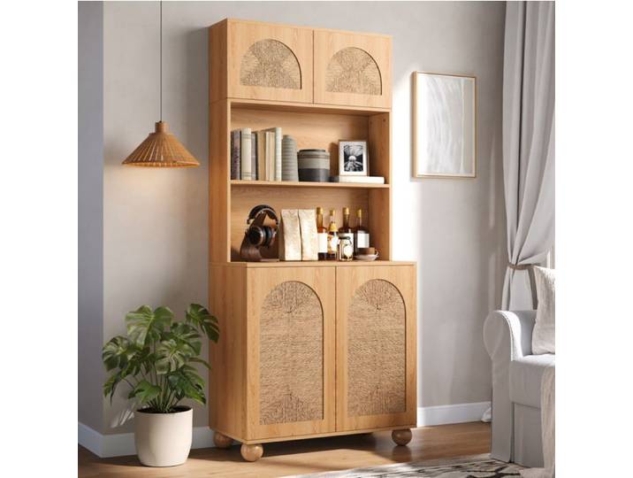 MEULVA Buffet haut 80x40x180 cm 4 portes 1 compartiment ouvert étagère réglable aspect bois naturel