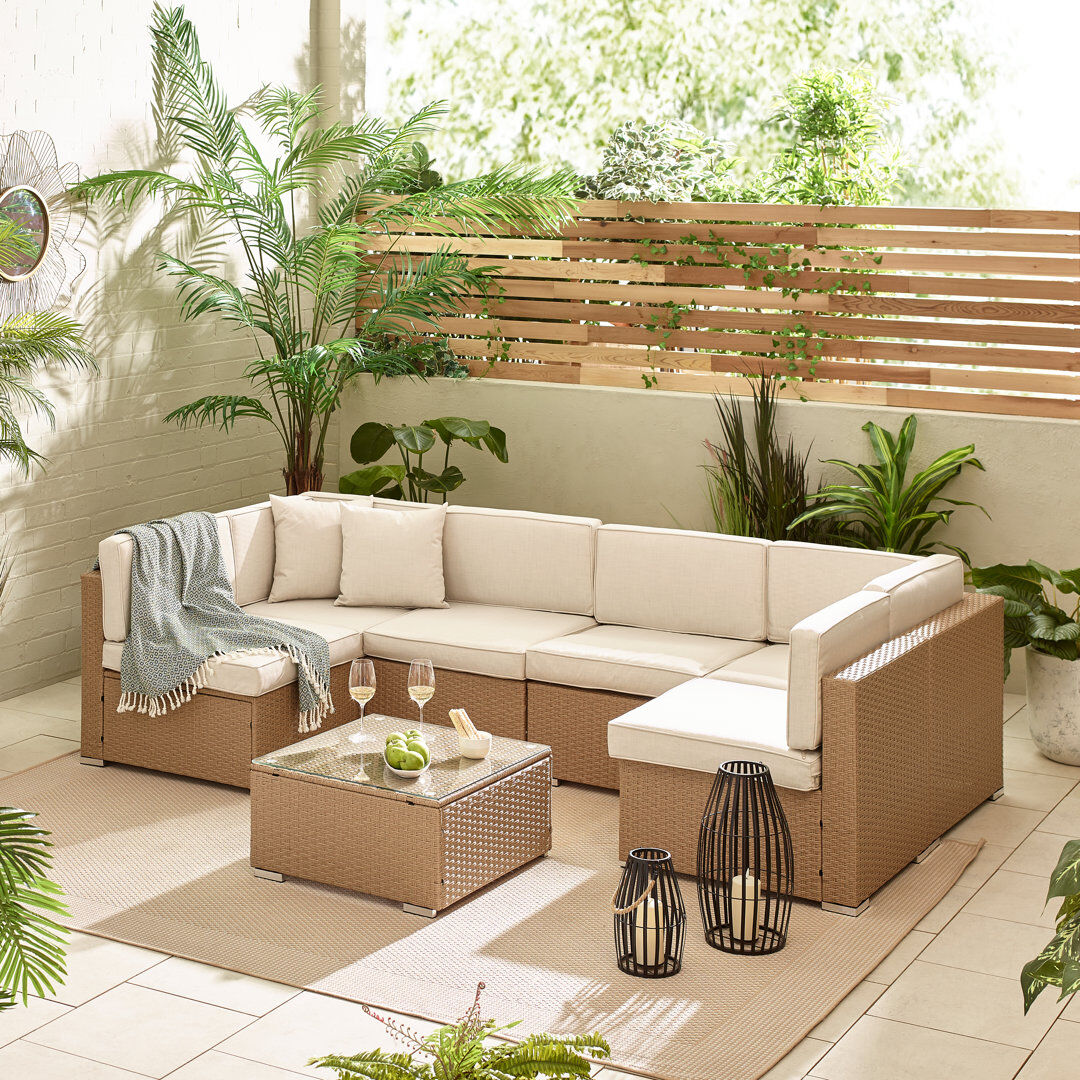 Sol 27 Outdoor Miacomet Modular PE Rattan Garden Sofa Set and Table for Modern Gardens and Patios (Cover Included) Natural Cushion/Beige Frame 6