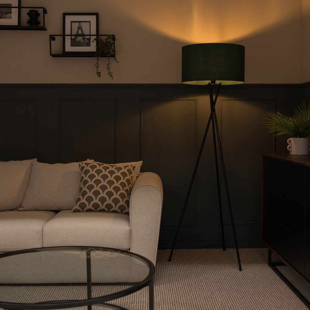 Latitude Run Misner 155cm Camden Tripod Floor Lamp with Large Reni Shade Green/Black 153cm H X 62cm W X 62cm D