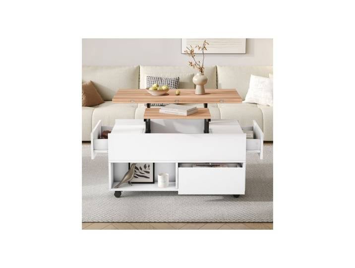 ®TONLRGY Table basse 100*50*52cm à 4 roulettes table basse réglable avec espace de rangement couleur blanc + bois naturel