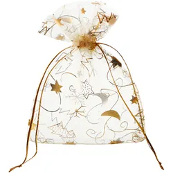 10 Organzasäckchen mit weihnachtlichem Motiv 80 x 100 mm | Weihnachten, gold, beige