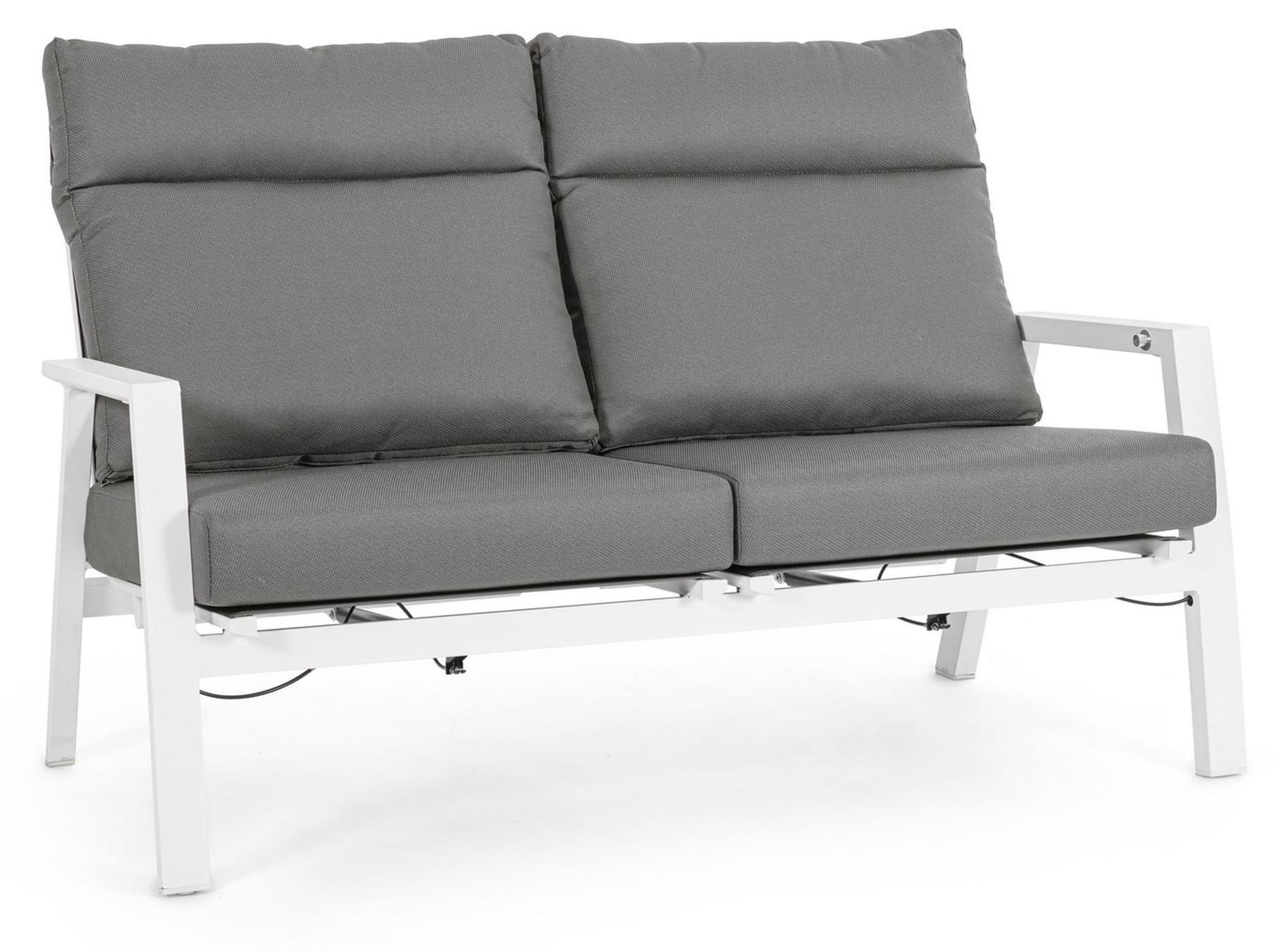 OVIEDO 2-Sitzer-Garten-Liegesofa aus Textilene mit grauen Kissen und weißem Aluminiumgestell