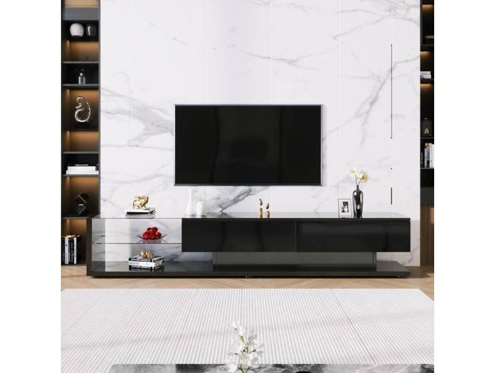 Meuble TV MODERNLUXE 170cm LED verre noir - 2 tiroirs - style Contemporain