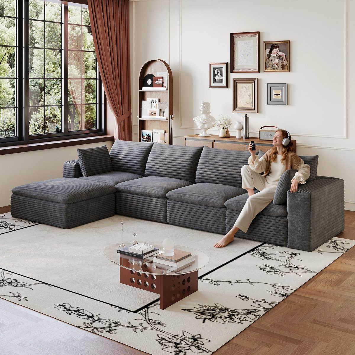 STILVORA Modulaire Hoekbank Donkergrijs met Stoffen Bekleding