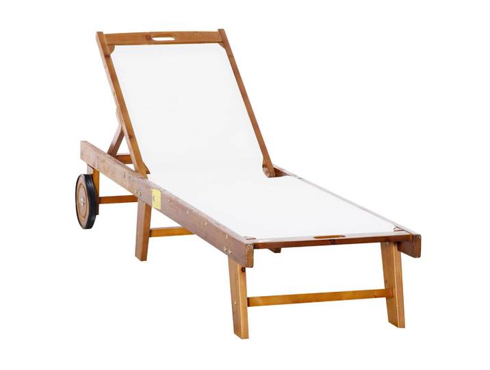Outsunny Sonnenliege Relaxliege Gartenliege verstellbar Holz Textil Natur+Weiß, 55x88.5x198 cm, Gartenmöbel, Gartenliegen