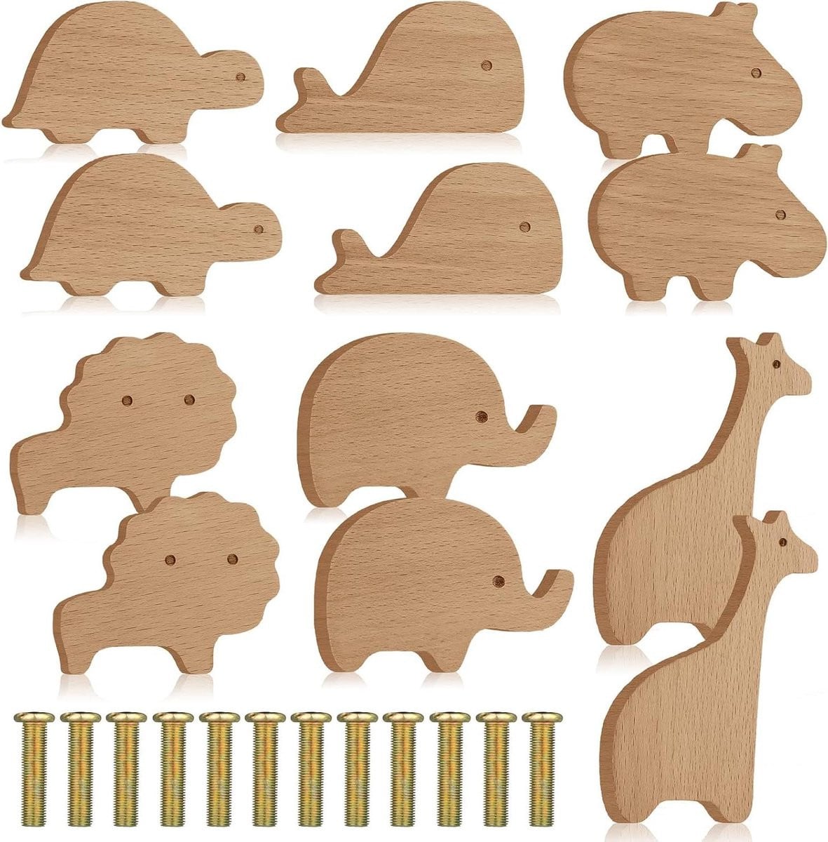 Set van 12 houten kastknoppen met dierlijke grepen in houtkleur
