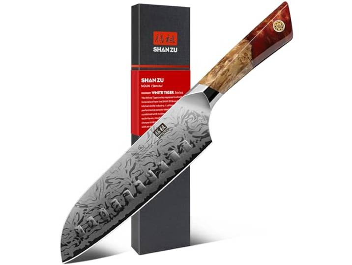 SHAN ZU Damast Santokumesser 18cm, Küchenmesser mit SG2-Pulverstahlkern 91 Lagen handgeschmiedetem Damaststahl, ergonomischem Ahorngriff – WHITE TIGER Series