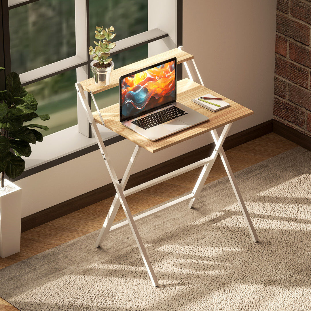 Inbox Zero HOMCOM Folding Computer Desk for Small Spaces Bedroom Natural/White 86.5cm H x 70cm W x 62cm D