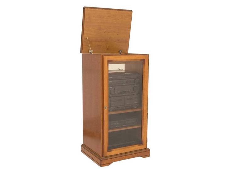Rack Hifi - Merisier - 1 Porte Vitrée - Dessus Relevable - 5 Niches - 3 Etagères Réglables