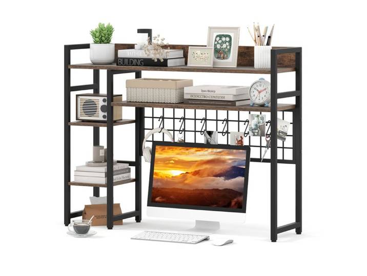 GOPLUS Étagère de Bureau pour Ordinateur avec Panneau en Treillis Métallique 6 Crochets 4 Tablettes Ouverte 95x25x73cm Marron