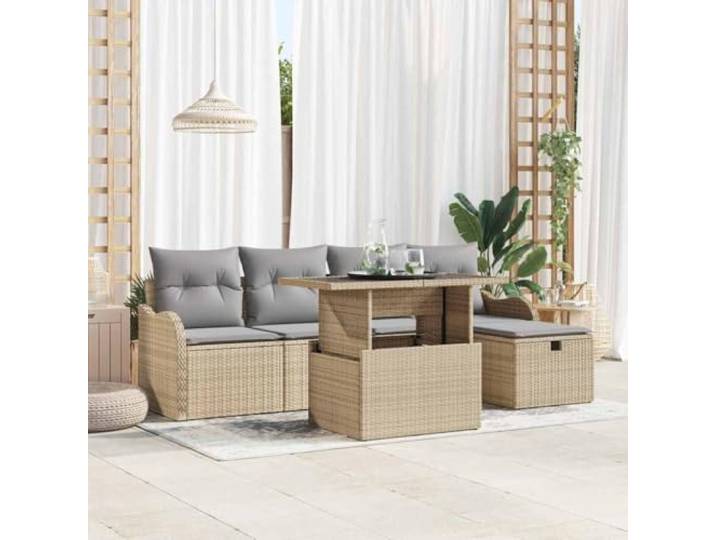 Modulares Poly Rattan Garten Sofa mit Stauraum Beige 100x55x73cm Garten-Sofa-Set mit Kissen und Stauraum 6-tlg. Beige Poly-Rattan inkl. Sitzhocker, Glas-Tisch, modular, wetterfest für