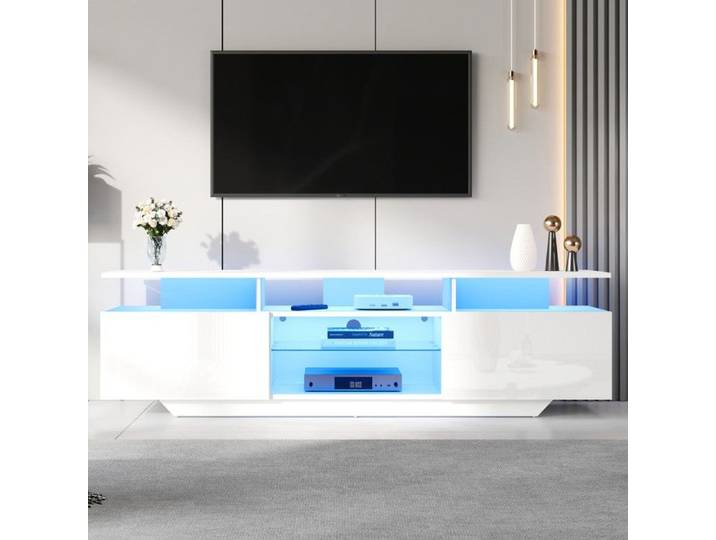 Meuble TV - Blanc - 2 portes - 5 étagères - Éclairage LED - Style moderne