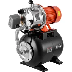 VEVOR Hauswasserwerk 1,6 PS 5000 L/h Flachbrunnenpumpe mit Druckbehälter, für Garten Rasen und Hauswasserversorgung, 49 m Förderhöhe, 8 m Saughöhe, IPX4-Wasserschutz und Manometer zur Druckkontrolle