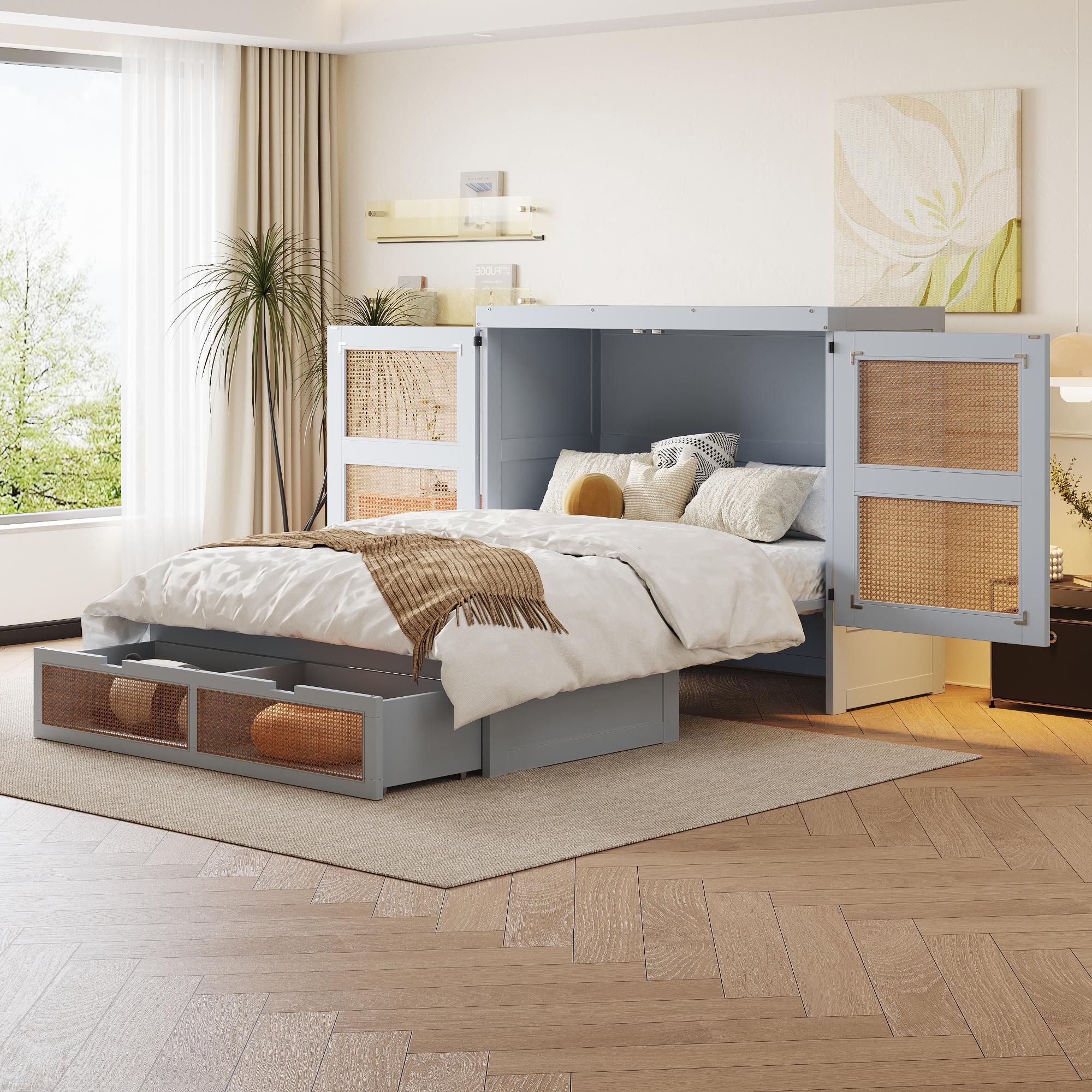 Fortuna Lai Schrankbett 140 x 200 cm, Wandbett mit Lattenrost, Wandklappbett, vertikales schrankbett mit Lattenrost, mit Stauraumschubladen, Rattan-Design, Holzbetten, Jugendbetten, Einzelbetten, Grau