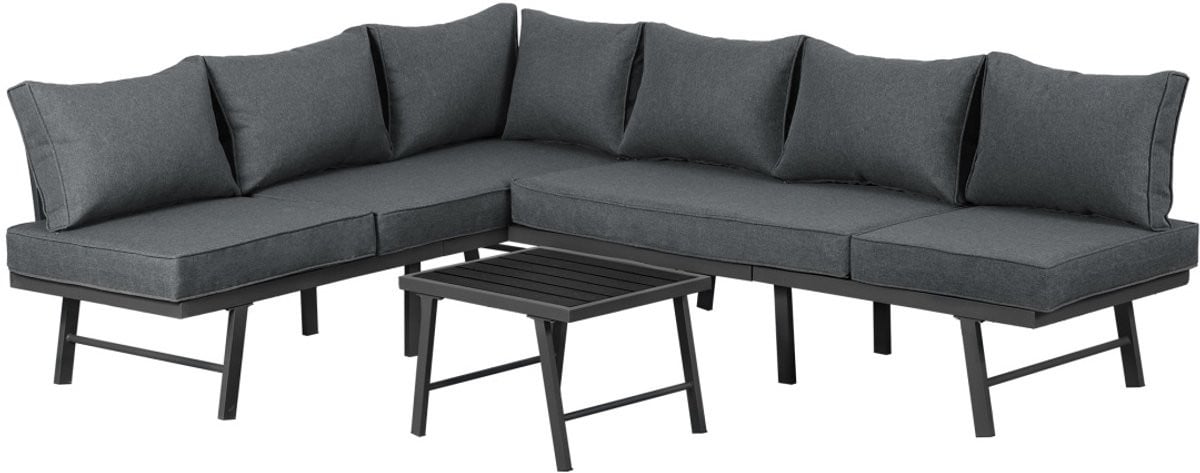 Moderne grijze tuinbank voor 6 personen met kussens en salontafel van gepoedercoat staal