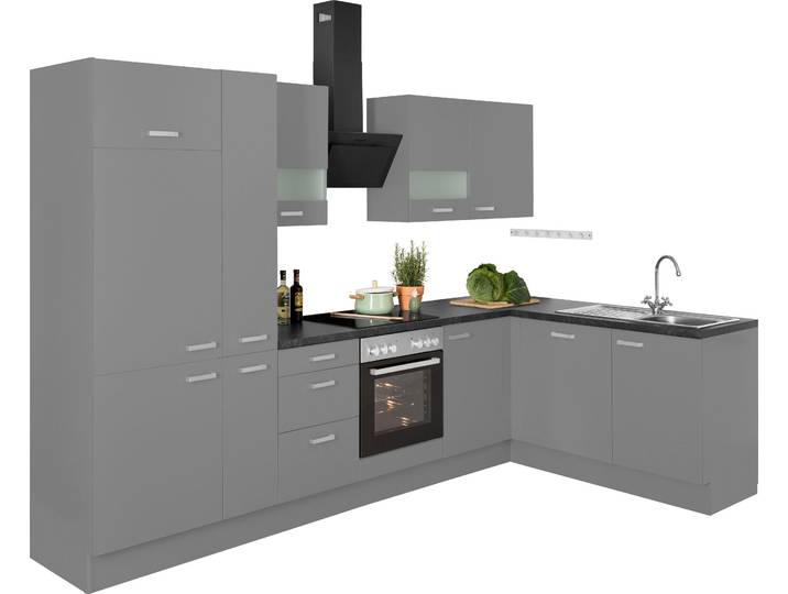 Winkelküche OPTIFIT Parma , grau (küche: grau, korpus: basaltgrau, arbeitsplatte: granit schwarz), B:315cm T:175cm, Komplettküchen-Sets, L-Küche, mit E-Geräten, Stellbreite 315 x 175 cm