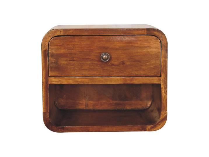 Artisan Furniture Nachttisch mit einer Schublade, Wandmontiert, 1 Schublade, 1 offenes Fach, braun, Kastanienfarben, Holz, Echtholz,Mangoholz, Holz Optik, Quadratisch, 30x25x25 cm, Schlafzimmer, Nachttische