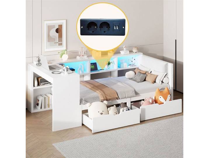 DRIPEX Lit plateforme LED en bois 90x200 avec étagère de rangement Lit simple prise USB lumières LED tête de lit rembourrée Blanc