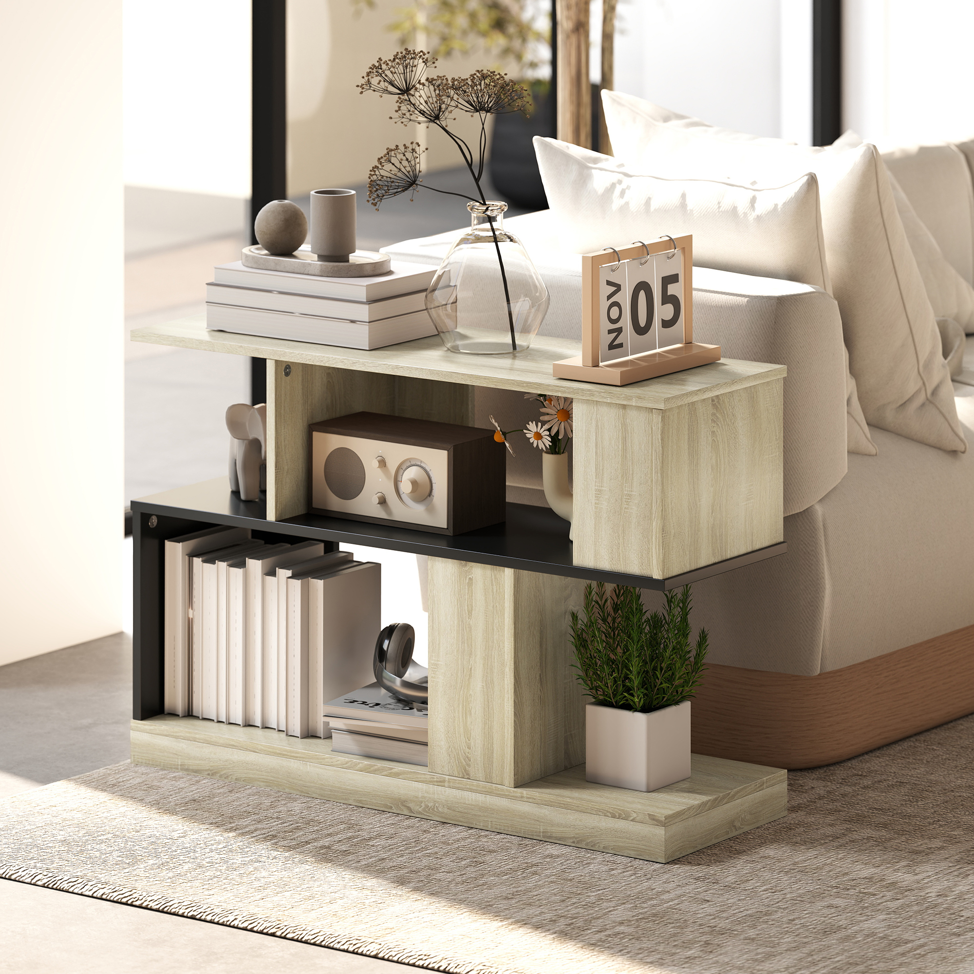 Homcom Tavolino a forma S, a 3 livelli con scaffali, 90 x 30 x 61 cm, Legno naturale e nero   Aosom Italy