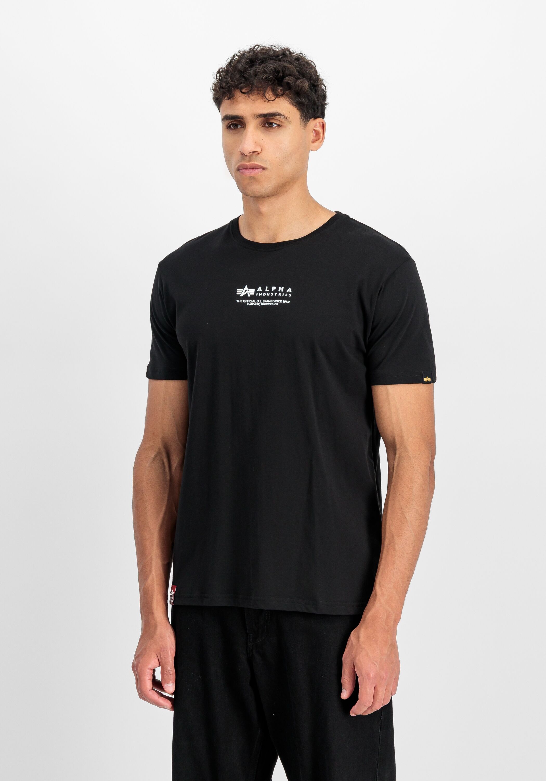 T-Shirt ALPHA INDUSTRIES "Alpha Wording T-Shirt", Herren, Gr. L, schwarz, Obermaterial: 100% Baumwolle, Shirts T-Shirt schwarz L