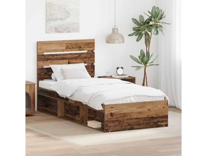 Massives Kiefernholz Bettgestell Modern Minimalistisch 90 x 190 cm Braun Bettrahmen Altholz 90x190 cm Massives Kiefernholz Bettgestell mit Kopfteil Holz Lattenrost Stabil Schlafzimmer Möbel