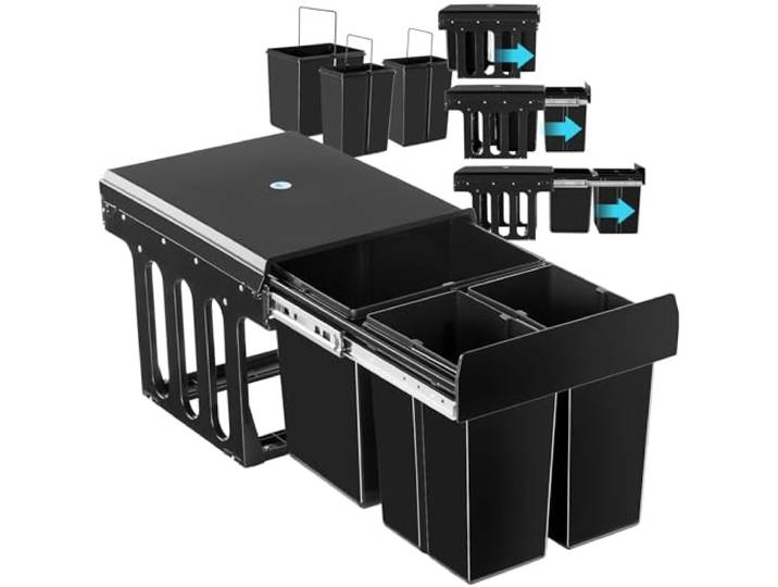 tectake® Abfallsammler, Mülleimer 3 Fächer, Mülltrennsystem Küche, für Schrank, Mülleimer Küche ausziehbar, Einbaumülleimer, Abfalleimer Küche. Mülleimer Küche Unterschrank - 2x 8L + 15L