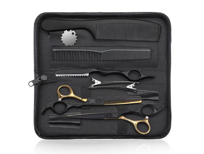Friseurscheren Set 10-teilig mit Effilierschere und Zubehör, Schwarz, Metall, 16.5x1.5x16.5 cm, Freizeit & Co, Wellness & Gesundheit, Körperpflege