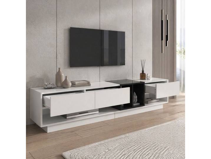 Meuble TV - ZEVKOR - Meuble TV 190 cm - 3 tiroirs - 2 niches ouvertes - Blanc et noir brillant