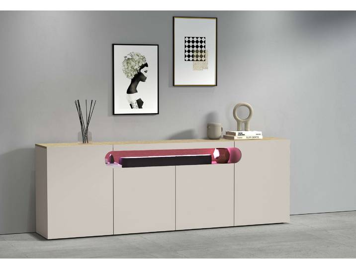 Sideboard GOODPRODUCT Sideboard REAL, Kommode, Schrank, Kredenz , beige (eiche chopin, kaschmir), B:200cm H:80cm T:40cm, Sideboards, Sideboard, Mit 4 Türen, davon 2 abgerundet, die ein ovales offenes Fach bilden