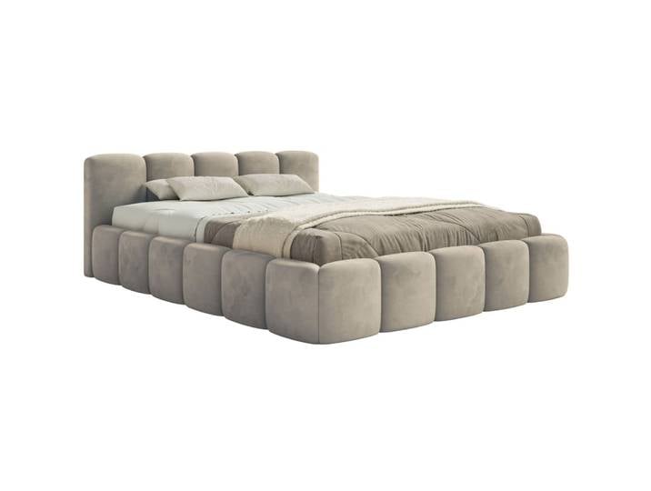 Lit rembourré 180x200, coffre de lit, velours hydrofuge, gris-beige