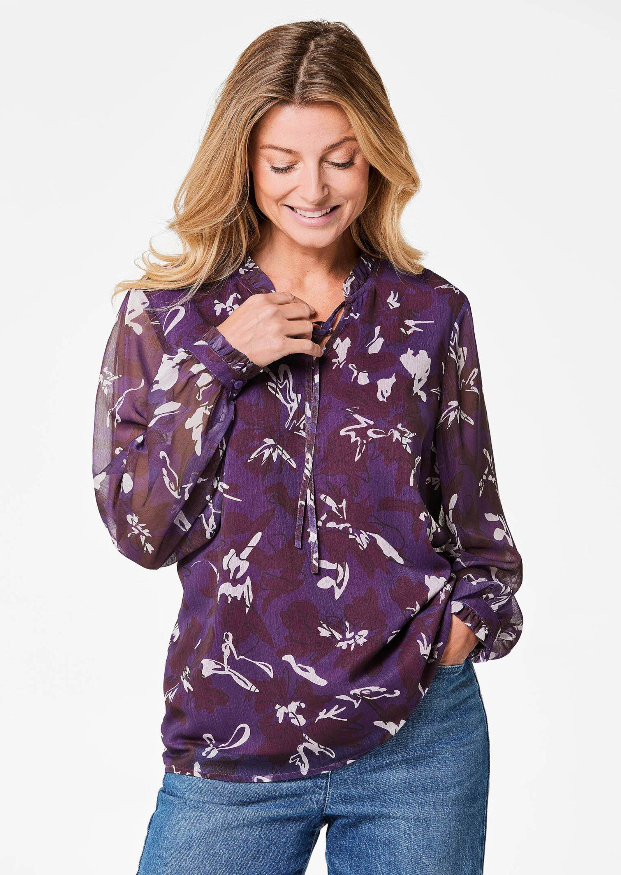 Chiffonbluse GOLDNER "Bluse", Damen, Gr. 42, pink (beere, gemustert), Obermaterial: 100% Polyester PES., Manschette, Blusen Chiffonbluse, Mit femininen Rüschendetails