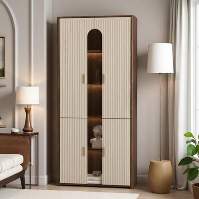 ZWYO HOSIMU "31.5"" Engineered Wood Glass Door 6-Shelf LED Lighted Display Cabinet with Lock & Adjustable Storage"