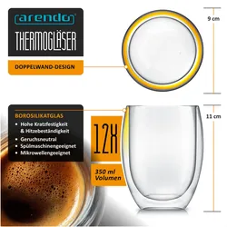 Arendo, Tasse, Thermogläser 12er Set 350 ml, doppelwandig, ohne Henkel, Borosilikatglas, Kaffeegläser (350 ml, 12x)