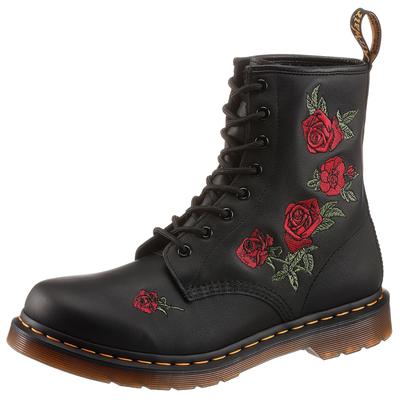 Schnürboots DR. MARTENS "Vonda", Damen, Gr. 38, schwarz (schwarz, rot geblümt), Leder, geblümt, Schuhe Schnürboots, Blockabsatz,Schnürschuh,Stiefelette, Blüten-Stickerei - schmale Form