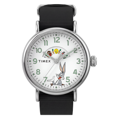 Quarzuhr TIMEX "Looney Tunes Bugs and Friends Standard", schwarz (schwarz, weiß), Armbanduhren, Herren, silberfarben, Quarzuhr, Armbanduhr, Herrenuhr, analog